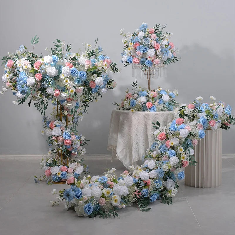 New Arrival Blue pink Color Artificial Flower Row Arch Flowers Table Ball Centerpieces Sets for Wedding