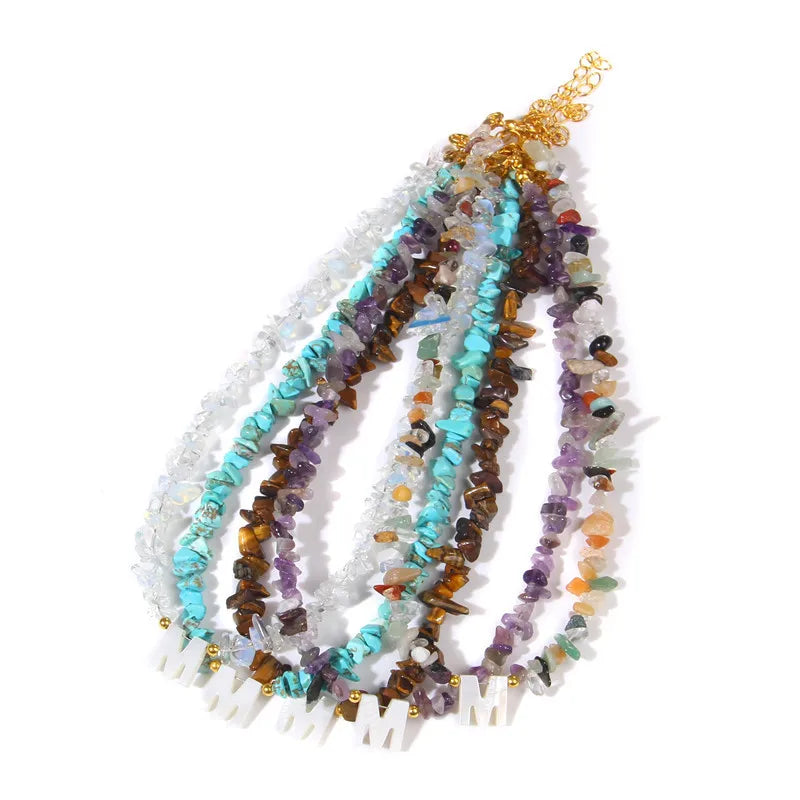 Fashion Healing Irregular Crushed Chip Natural Stone Beaded Chain Choker Capital Initial Letter Pendant Necklace Women
