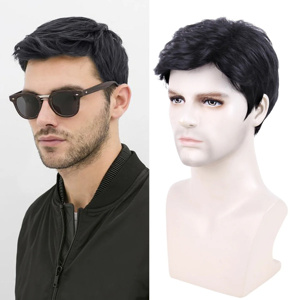 Wholesale 8 Inch New Design Handsome Men Wigs Natural Wig Toupee Synthetic Black Hair Wig for Men