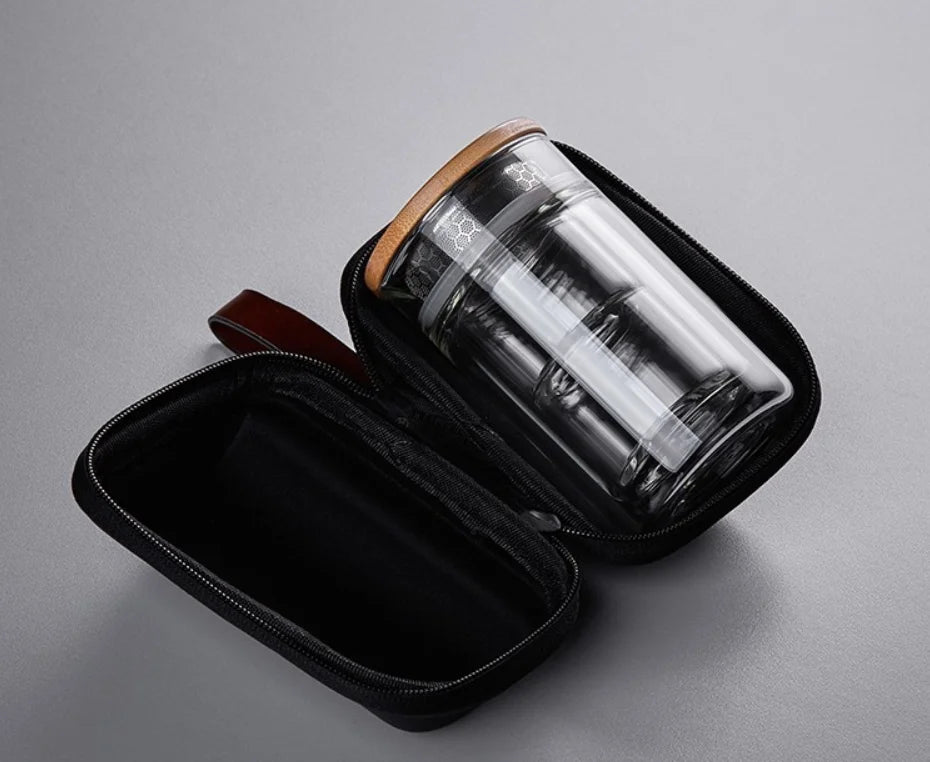 Wholesale 230ml Double-Wall Kungfu Tea Cup Set Modern Chinese Borosilicate Glass Travel Teapot Bamboo Infuser Bag Coffee Hand