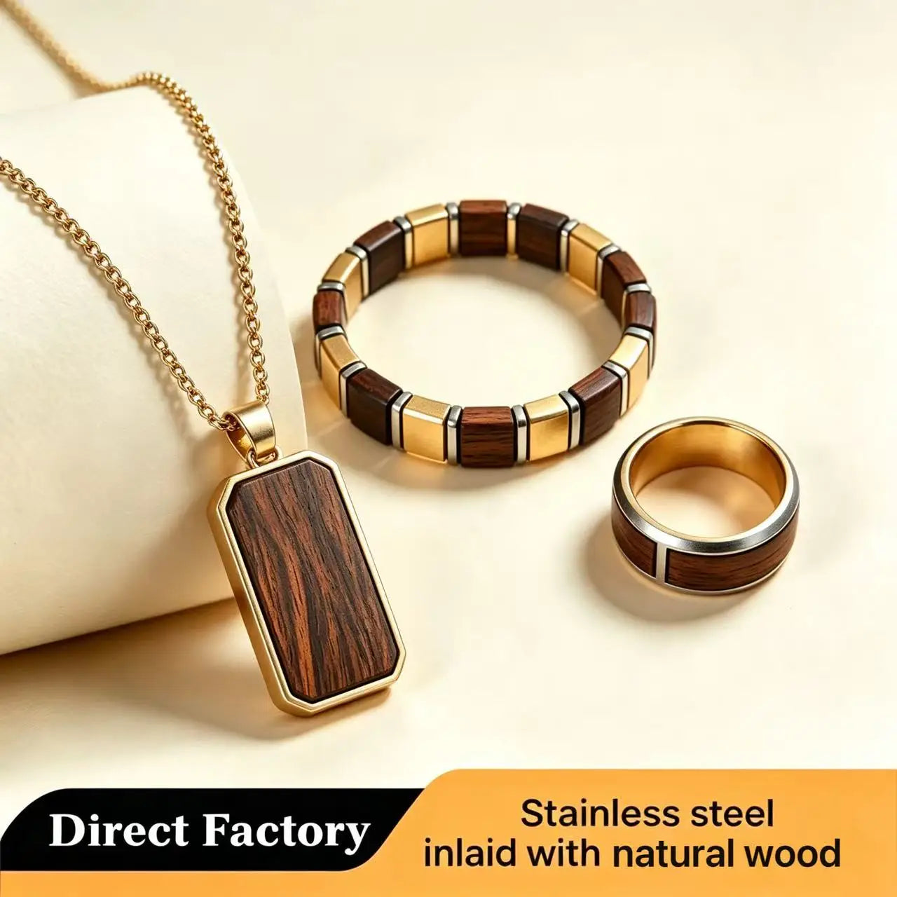 Minimalist Wood Inlaid Stainless Steel Jewelry Sets Men Fashion Necklace Bracelet Ring Set Gift Faith Jewelry ISO Manufacturer