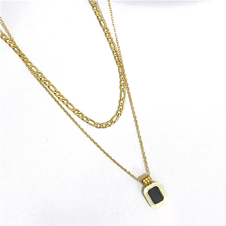18k Gold Plated Fashion Black Agate Natural Stone Square Gemstone Pendant Necklace