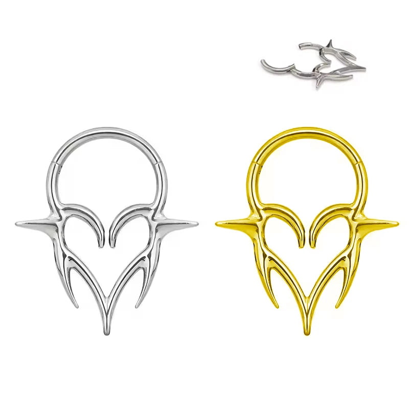 F136 Titanium Septum Piercing Jewelry Gold Plated Barbed Heart Hinged Septum Ring with Claw Setting Inlay