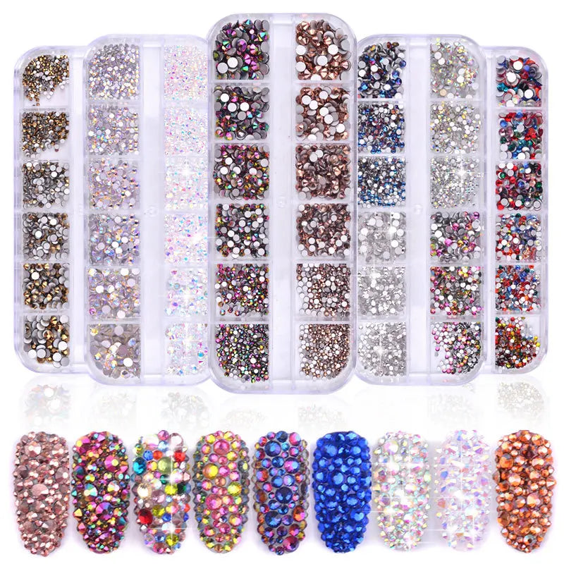 12 Grit Mixed Sizes Flat Back AB Crystal Rhinestone Nail Diamond  3D Charm DIY Manicure Nail Art Decorations