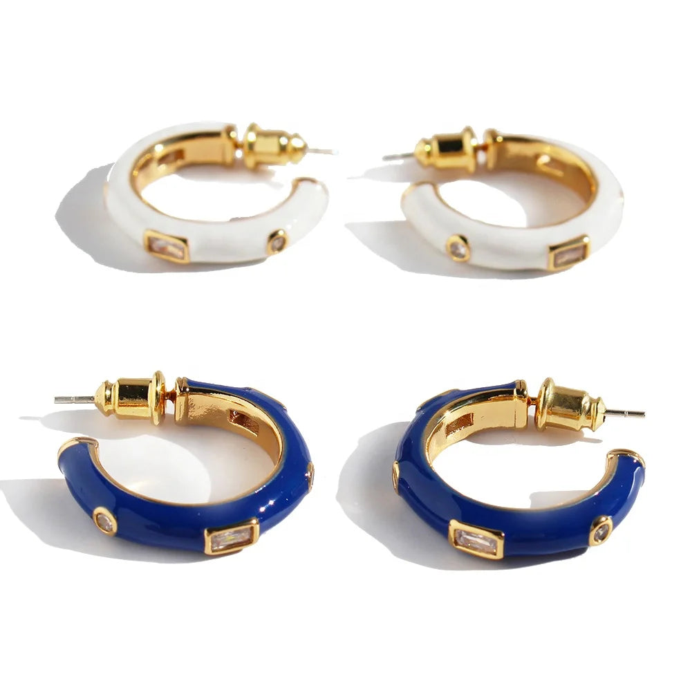 Fashion Brass Electroplated 18k Gold Zircon White Blue Enamel Medium C Shape Earrings for Women Jewelry