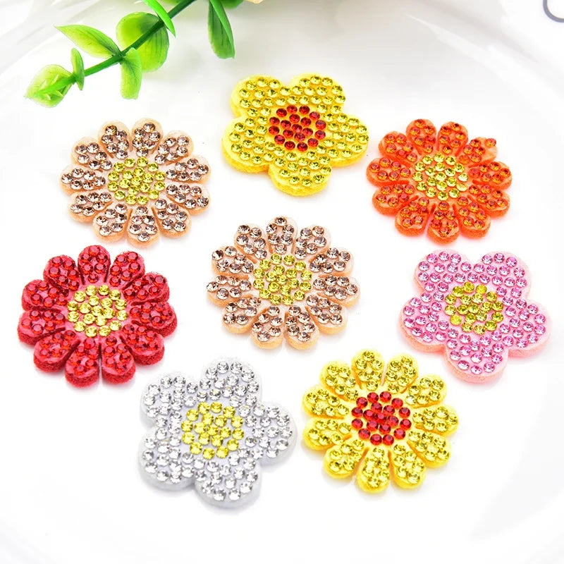 Cute Fabric Felt Rhinestone Sunflower Applique Sew on Strass Crystal Patches Badge for Children Clothes Hair Clips Dress