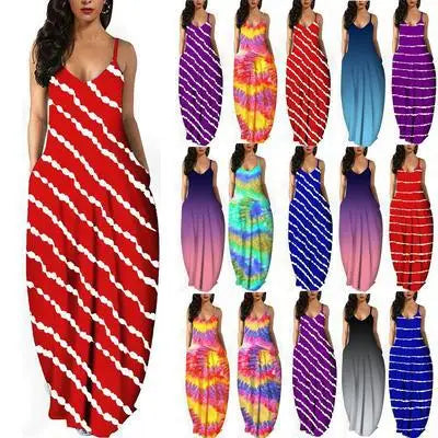 2021 Women V Neck Sleeveless Long Stripe Loose Dresses Summer Plus Size 5XL Dress