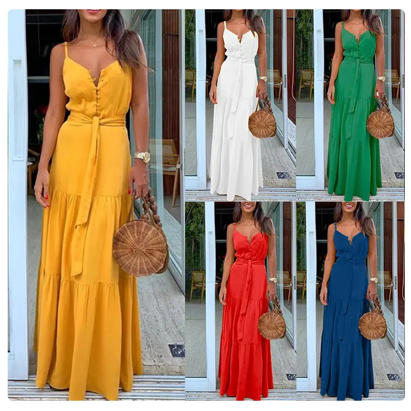 Summer 2022 New Arrival Trend Women's Button V-neck Dress Stitching Suspenders Long Dress Skirt Fashionable