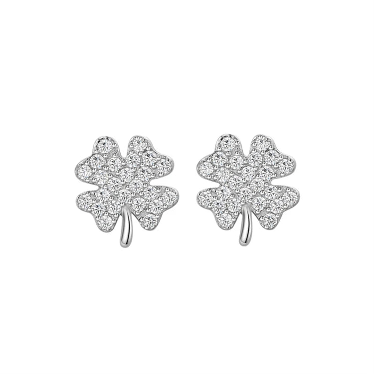 Fine Jewelry 925 Sterling Silver Clover Shape CZ Diamond Stud Earrings for Women