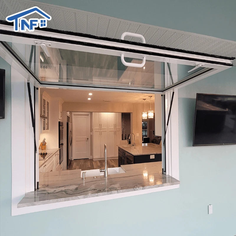 Modern Double Glazed Flip Out Window Aluminium Frame Commercial Gas Strut Awning Window for Kitchen Villa Exterior Use