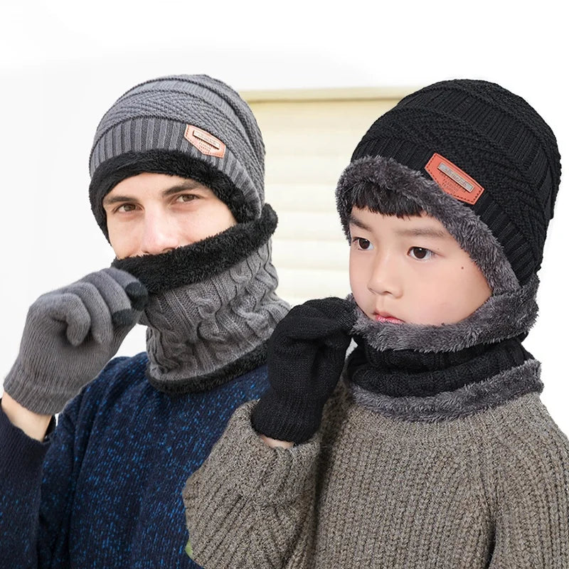 Wholesale Acrylic Knitted Wool Kid's Cap Collar Gloves Three Pieces Winter Warm Suit Hat Scarf Gloves Combo for Children