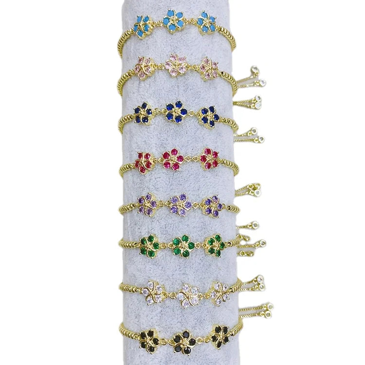 BC1426 Dainty Mini 18k Gold Plated Diamond Cz Floral Flower Charm Bracelets for Ladies Women