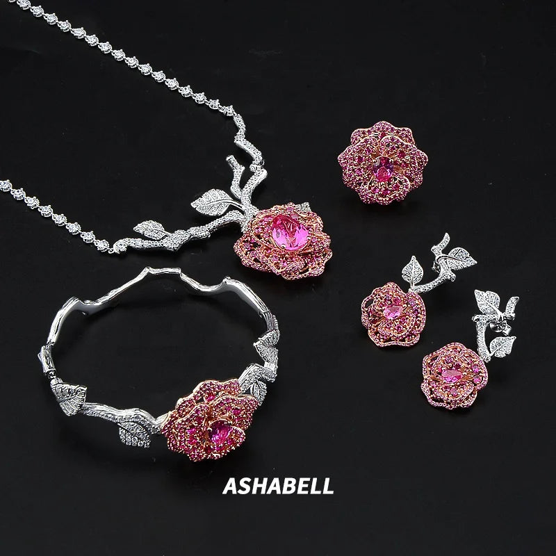 Wholesale Luxury 925 Silver White Gold Plating Wedding Bridal Gift Fashion Luxury Rose Flower Necklace Wedding Jewelry Sets