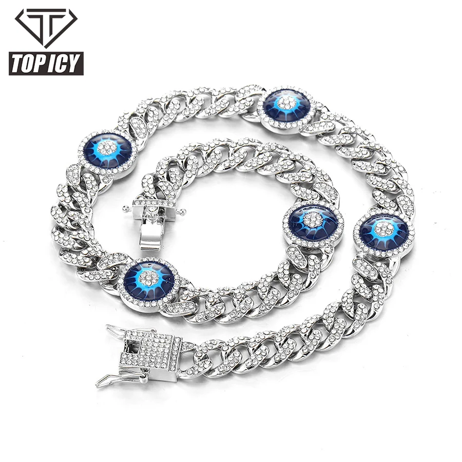 2022 Newest Arrival Gold Plated Cubic Zircon Cuban Chain Chain Jewelry Iced Out  Evil Blue Eyes Cuban Chain Necklace
