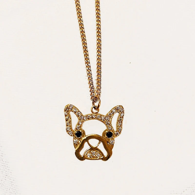 Cute French Bulldog Necklace Stainless Steel Crystal Rhinestones Gold Geometric Animal Jewelry Men Punk Lovely Dog Head Necklace