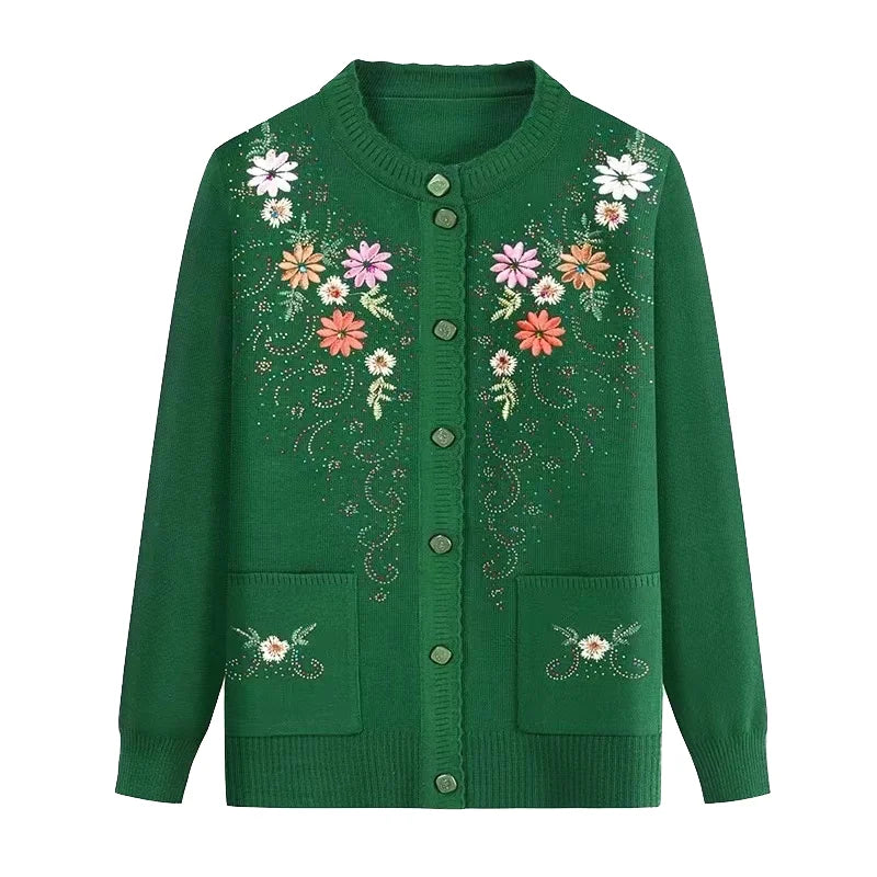 Source Factory XXL Oversize Cardigan Sweaters for Women Knitted Geometric Embroidery Decoration Crew Neck Long Back Autumn Front