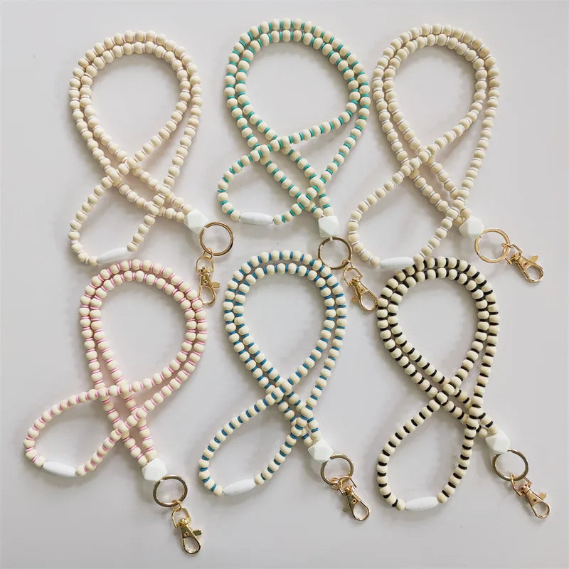 Wholesale New Badge Necklace Polymer Clay Natural Wood Beads Teacher Lanyard Keychain