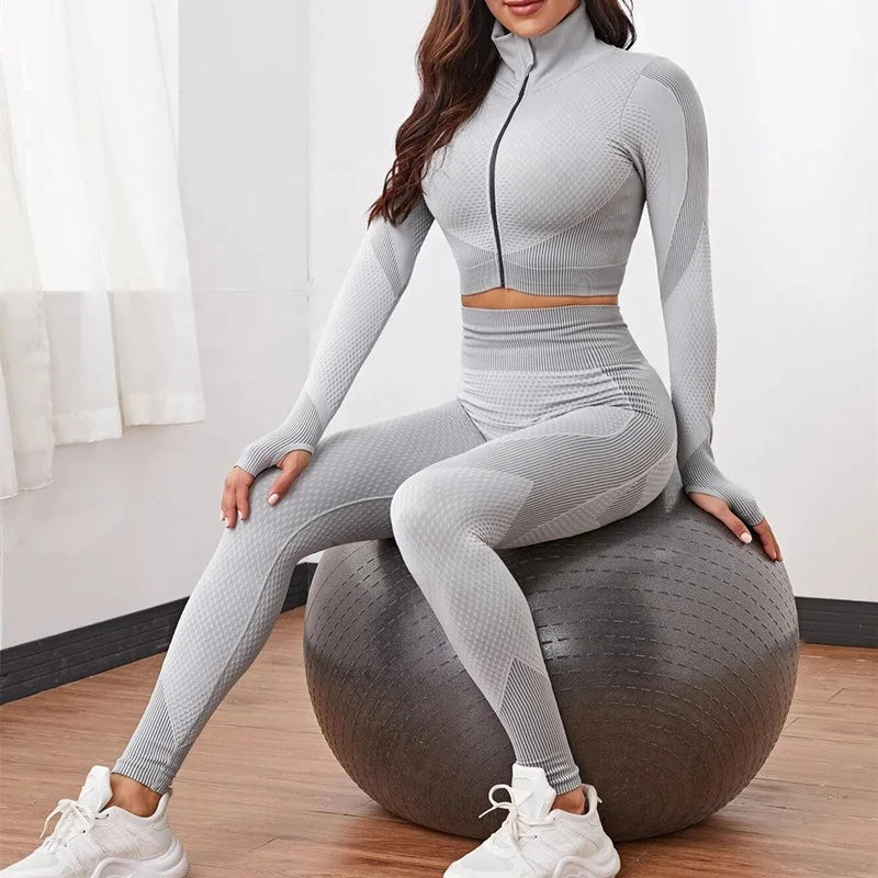 New Design Front Zipper Long Sleeve Bra and Pants Women Sports Set Fitness Running Quick Dry 2 Piece Top Jacket Set Yoga Wear