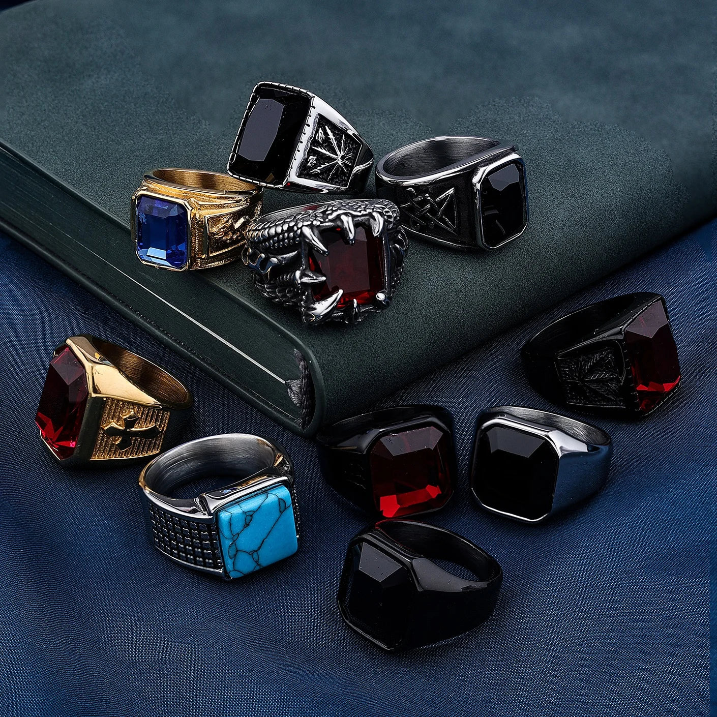 Custom Fashion Jewelry 316 Stainless Steel 18K Gold Natural Stone Gemstone Arab Men Rings 7-13