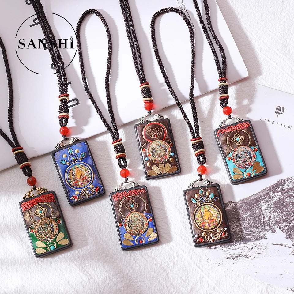 New Arrival Tibet Nepal Thangka Jewelry Stone Yellow Jambhala Buddha Wooden Pendant