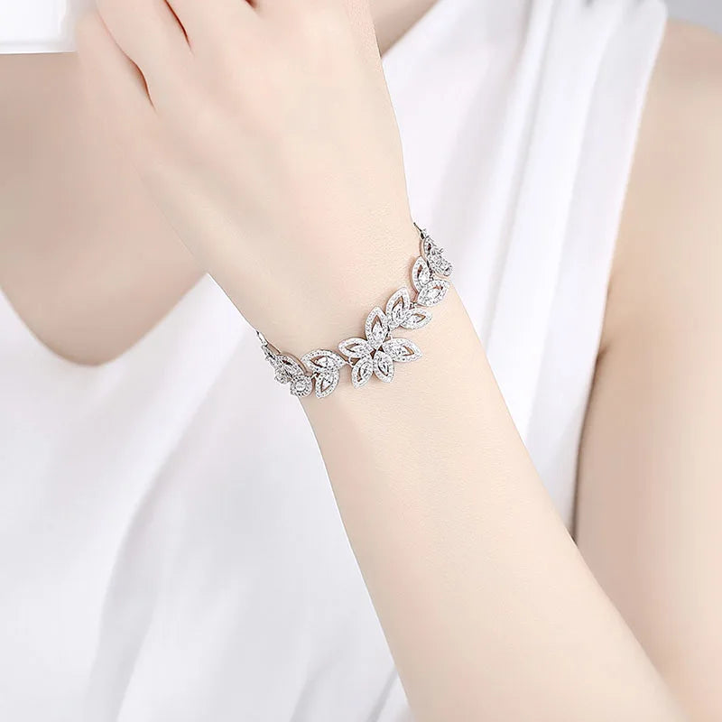 SLBRIDAL Sparkling Ins Style Fashion Cubic Zircon Leaf Bracelet Girl CZ Daily Bracelet Wedding Bridal Women Bridesmaids Jewelry