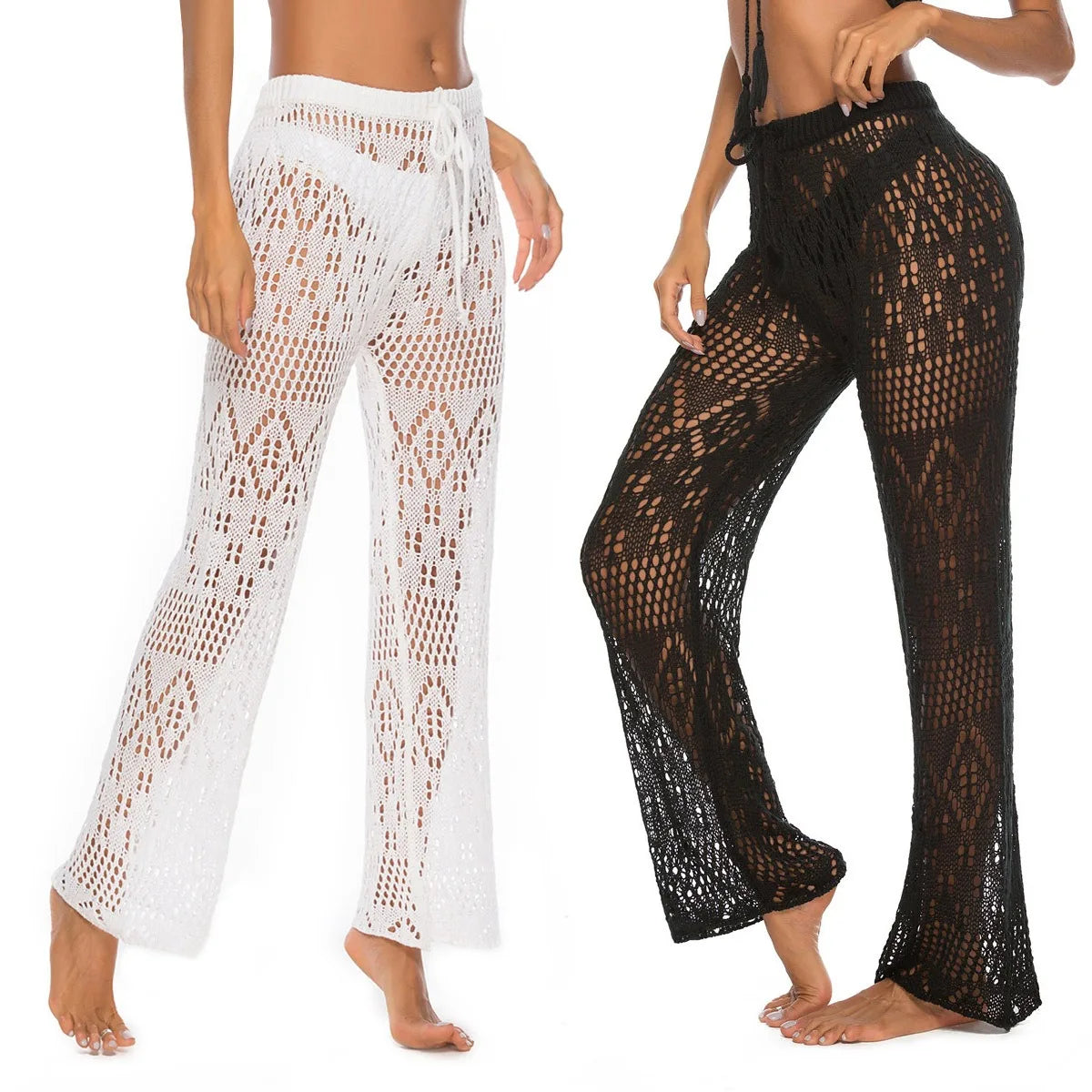 Pure Color High Waist Crochet Wide Leg Pants for Women Summer Beach Swimsuit Bikini Hollow Out Knit Cover Ups
