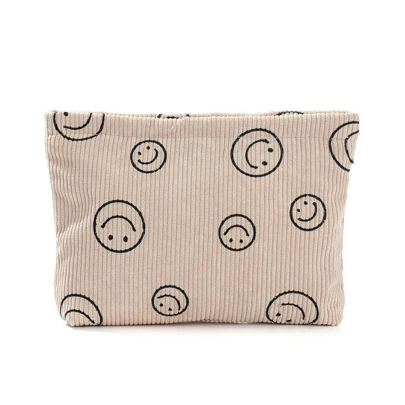 Handheld Smile Face Soft Velvet Cosmetic Storage Bag Women Travel Toiletry Bag Corduroy Makeup Zipper Pouch with Custom Print