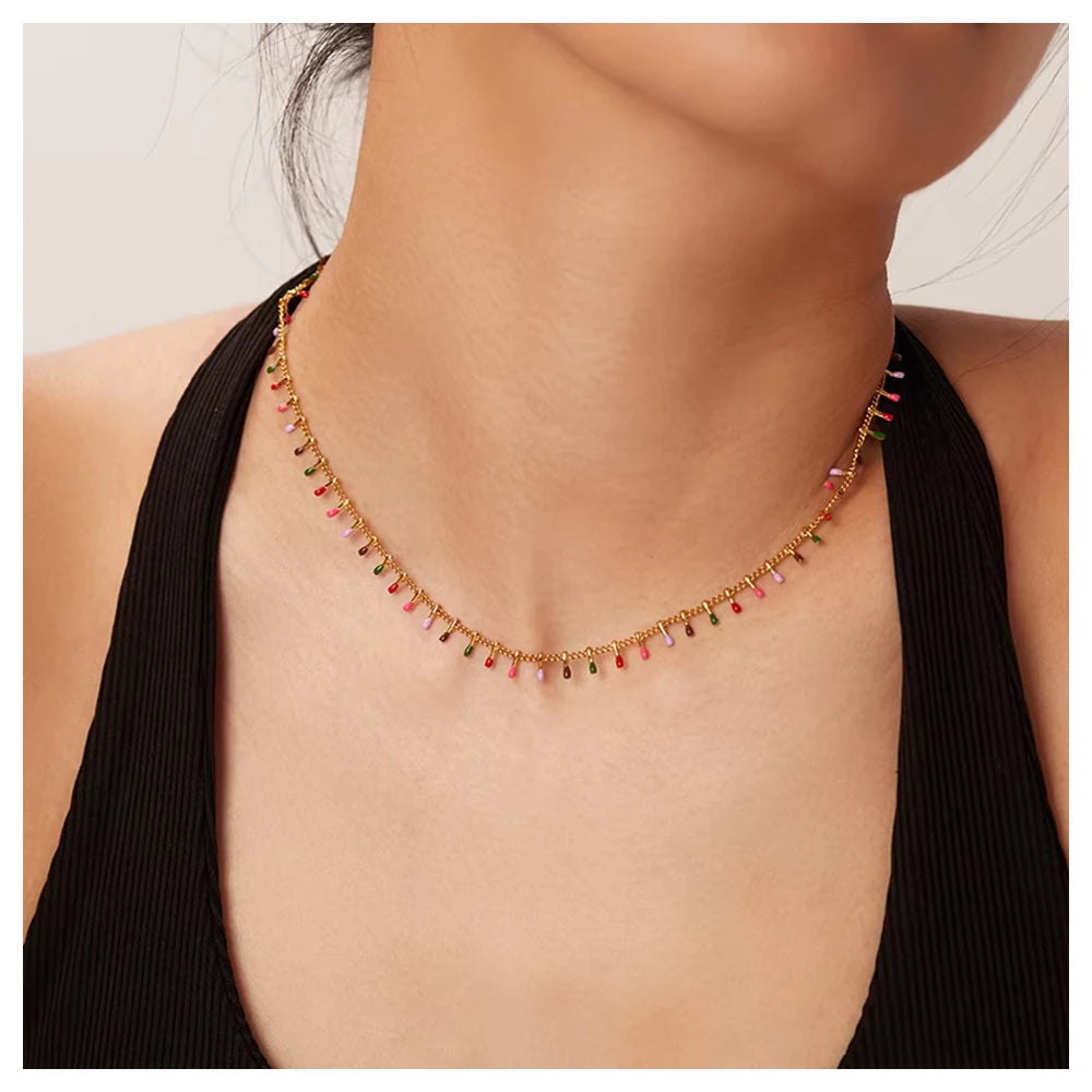 Hot Bohemia Styles Colorful Drip Oil Seed Beaded Necklace 18K Gold Plated Stainless Tassel Charm Neck Chain