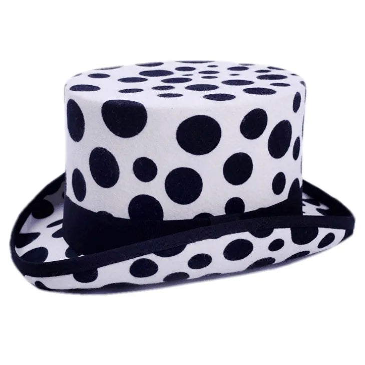 Ready to Ship Wholesale  Mad Hatter Magic Topper Hats Wool Felt White Top Hat With Polka Dot/skull Printed