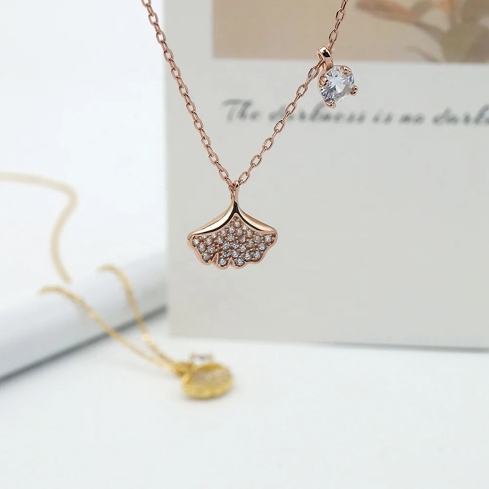 Women Luxury Ginkgo Leaf Design 925 Sterling Silver Necklace Leaves Shaped Pendants Christmas Gift Wholesale