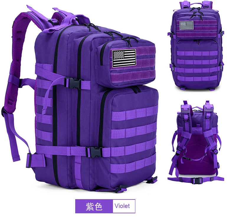 45L Large Tactical Backpack for Outdoor Hiking Waterproof Molle Breathable Design Black Color Zipper for Mountain Polyester