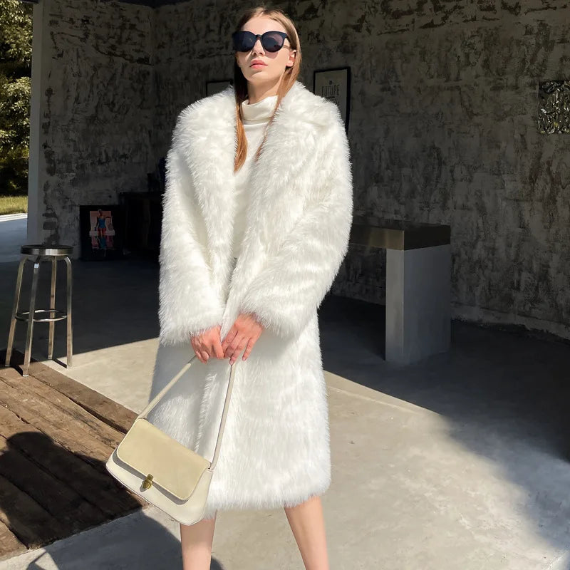 Winter New Thick Vintage Eco-Friendly Hooded Mandarin Collar Plaid Pattern Women's Long Faux Fur Parka Coat Draped Design Fox