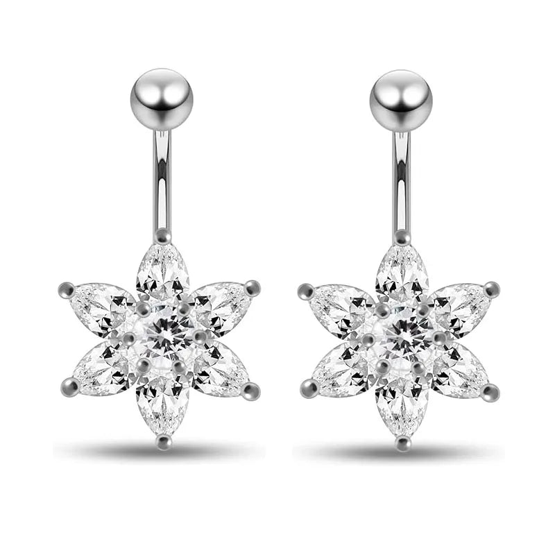 Clear Stone Flower Belly Button Ring Surgical Steel Piercing Flower Navel Piercing Jewelry Fashion Body Jewelry for Women