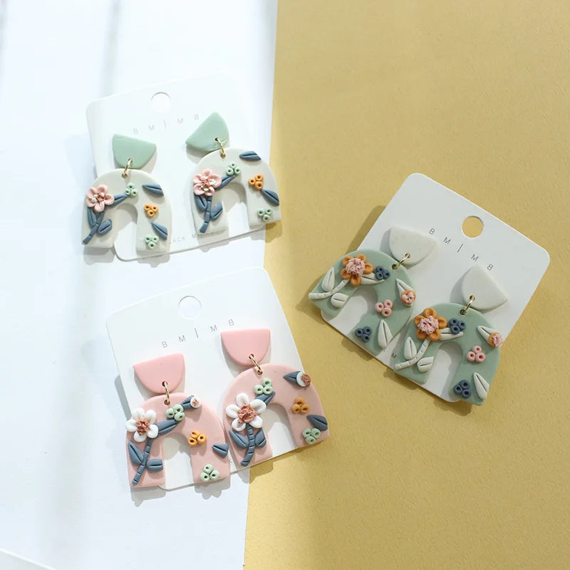 New Summer Green Leaves Clay Earrings Polymer Handmade 3D Flower Soft Pottery Clay Earring Wholesale