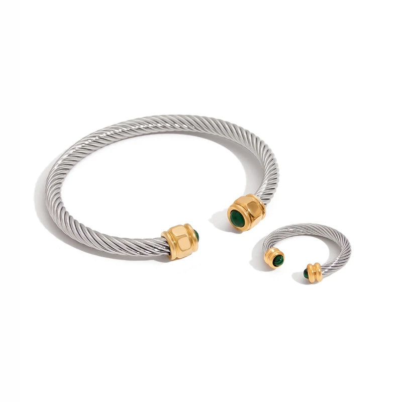 G4033 18k Gold Plated Stainless Steel Jewelry Cuff Bracelet Nature Stone Green Malachite Twist Pave Opening Bangles Rings