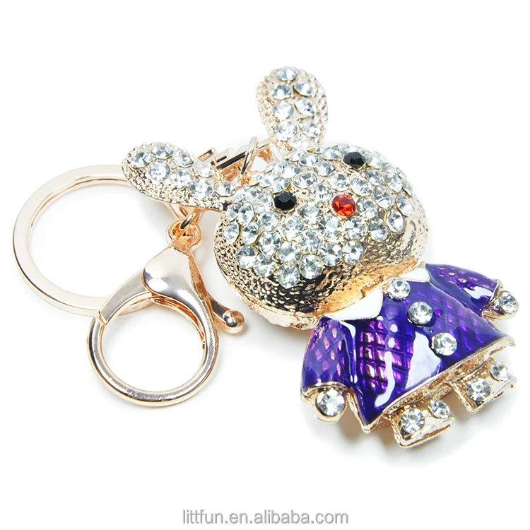 Wholesale 3D Rhinestone Rabbit Keychain Vintage/Cartoon Style Metal Charms Accessory for Women Fashionable Bag Keyring