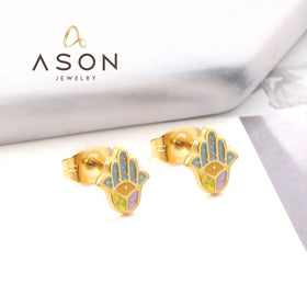 Ason Jewelry Fashion Hypoallergenic 316l Stainless Steel 18k Gold Plating Earrings Cute Colorful Hand Pattern Stud Earrings