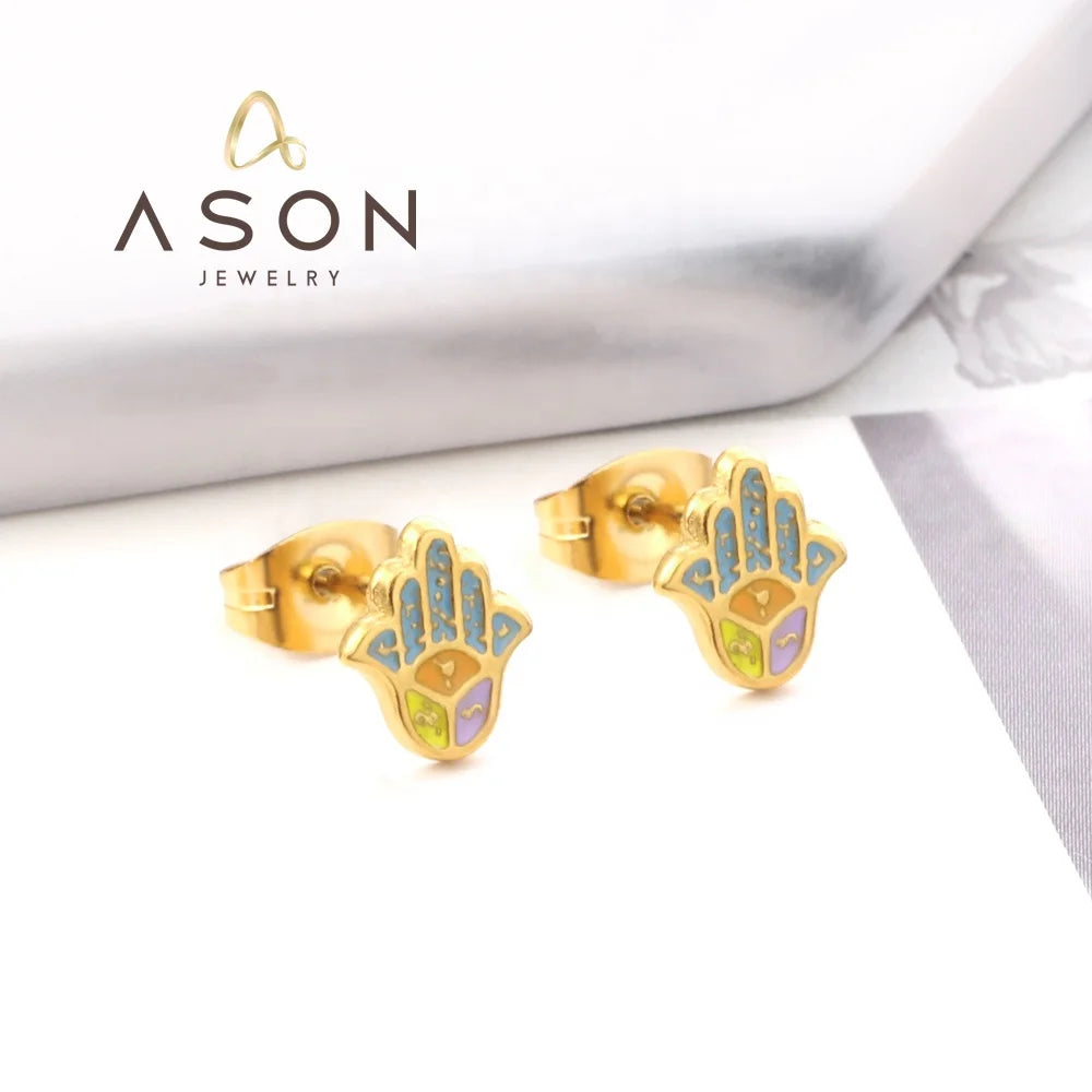 Ason Jewelry Fashion Hypoallergenic 316l Stainless Steel 18k Gold Plating Earrings Cute Colorful Hand Pattern Stud Earrings