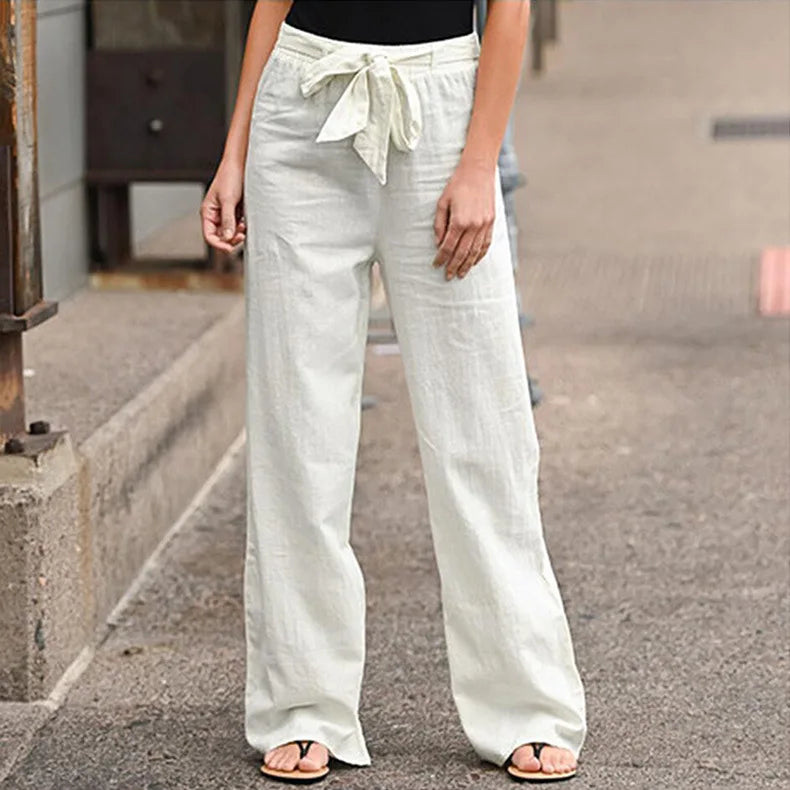 Hot Sales Elastic Waist Pure Colo Polyester Belt Wide Leg Trousers Loose Trousers