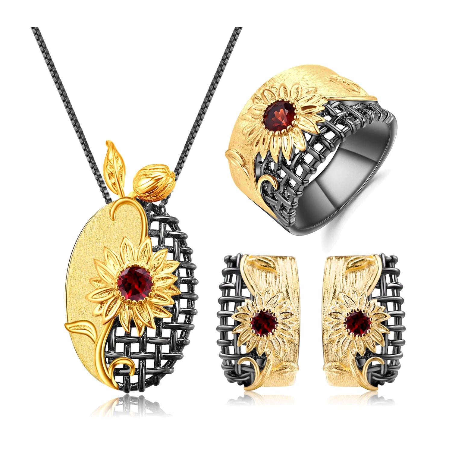 C7872 Abiding Fine Jewelry Botanic Collection Handcrafted Natural Red Garnet Gemstone 925 Sterling Silver Jewelry Sets