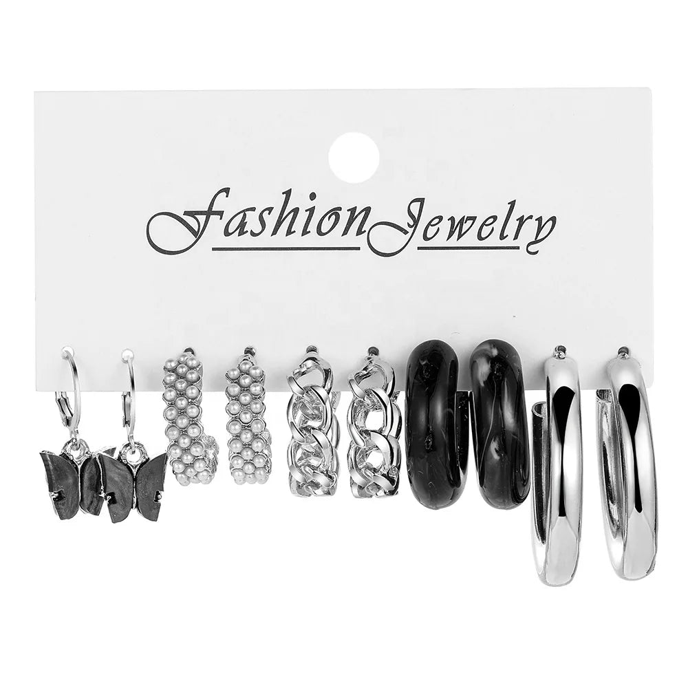 Wholesale Creative Acrylic pink Acrylic C Type Pearl butterfly 5 Pairs Set Fashion Hoop Earrings for Women