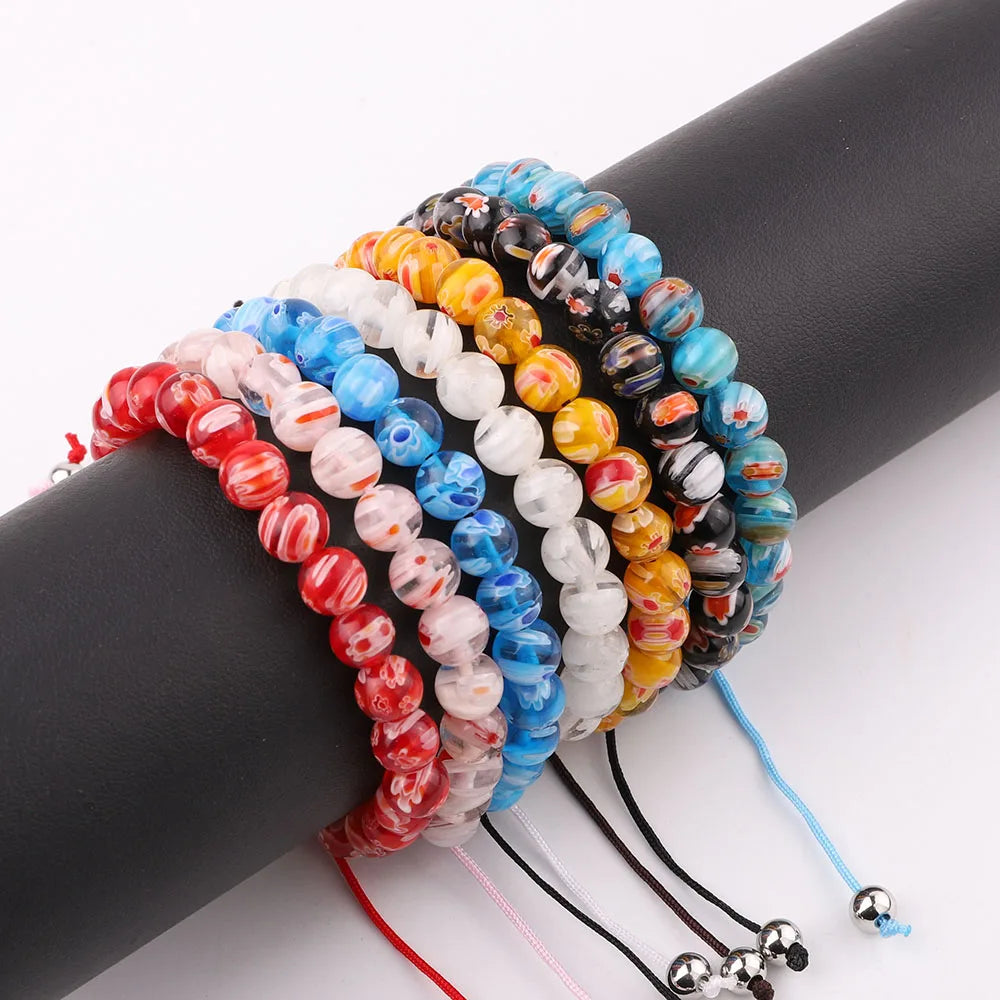 New Fashion Lampwork Glass Colored Glaze Flower Beads Adjustable Custom Logo Macrame Bracelet Women Jewelry JBS12280