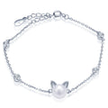 Women's S925 Sterling Silver Bracelet Cute Cat Head with Pearls Elegant Fine Charm Accessory