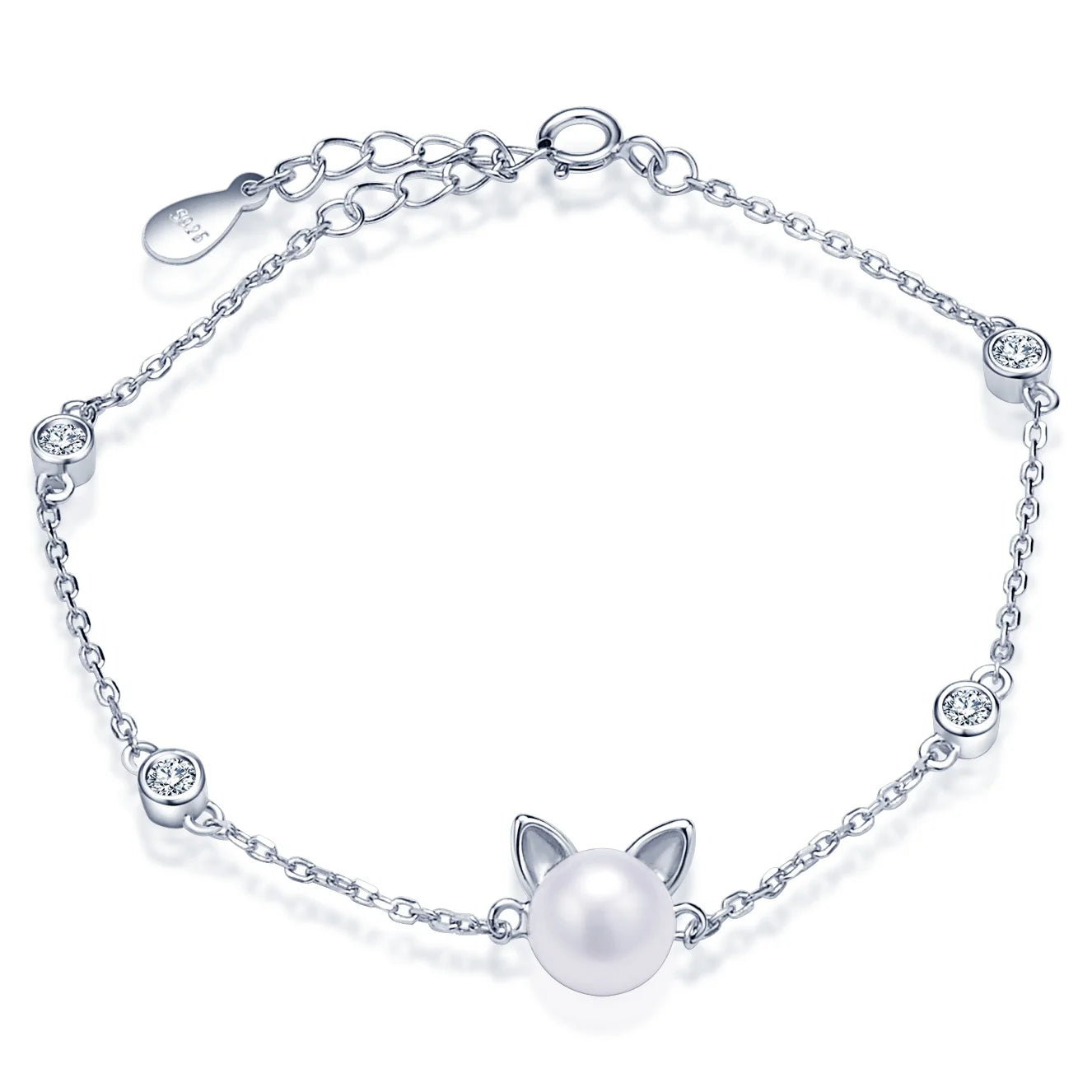 Women's S925 Sterling Silver Bracelet Cute Cat Head with Pearls Elegant Fine Charm Accessory