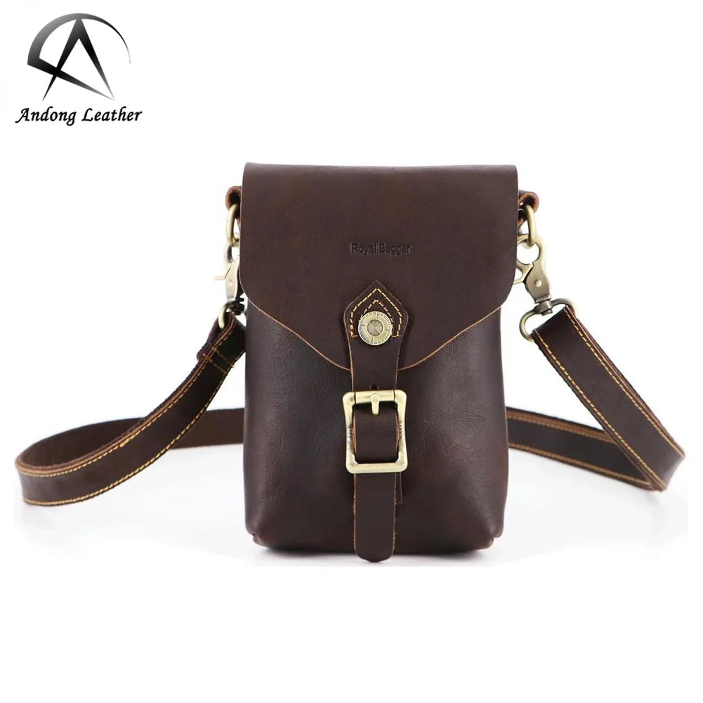 Royal Bagger Shoulder Sling Bag for Men Phone Pocket Genuine Cowhide Crazy Horse Leather Retro Casual Waist Pack Small Bags