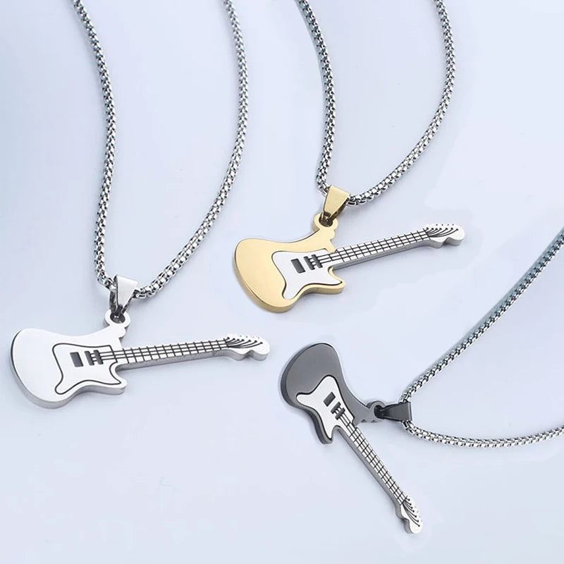 Men's & Women's Trendy Guitar Necklace with Titanium Steel Pendant Hip-Hop & Rock Style Stainless Steel Jewelry on Woolen Chain