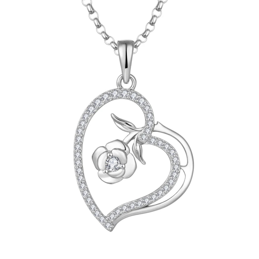 925 Sterling Silver Heart Rose Flower Pendant Necklace Rhodium Plated CZ Crystals Romantic Love Necklace Jewelry for Women