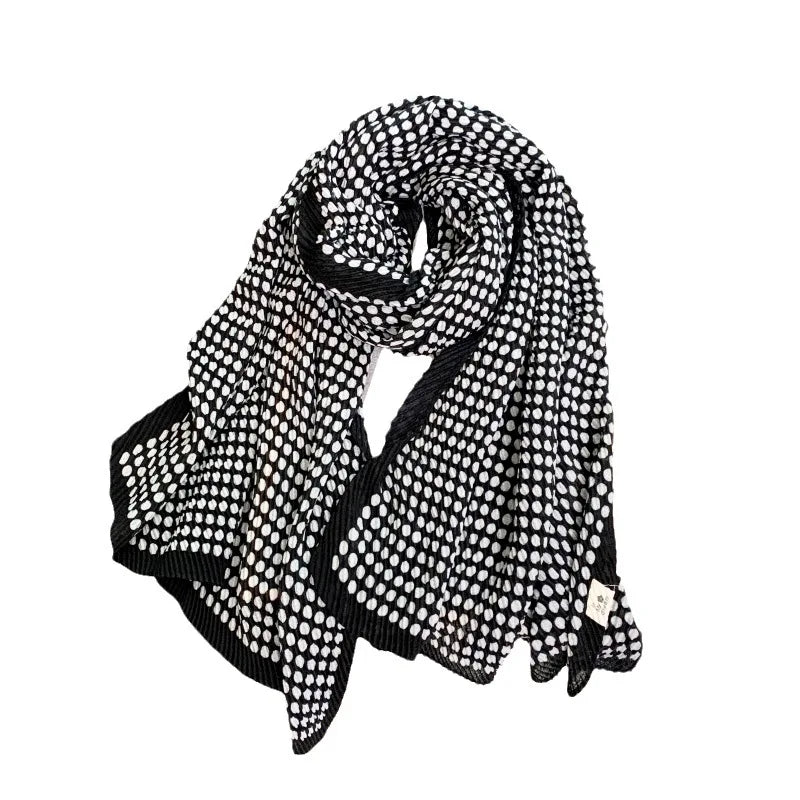 New Muslim Women's Minimalist Black and White Polka Dot Shawl With Printed Thin and Elongated Pleated Scarf Hijab
