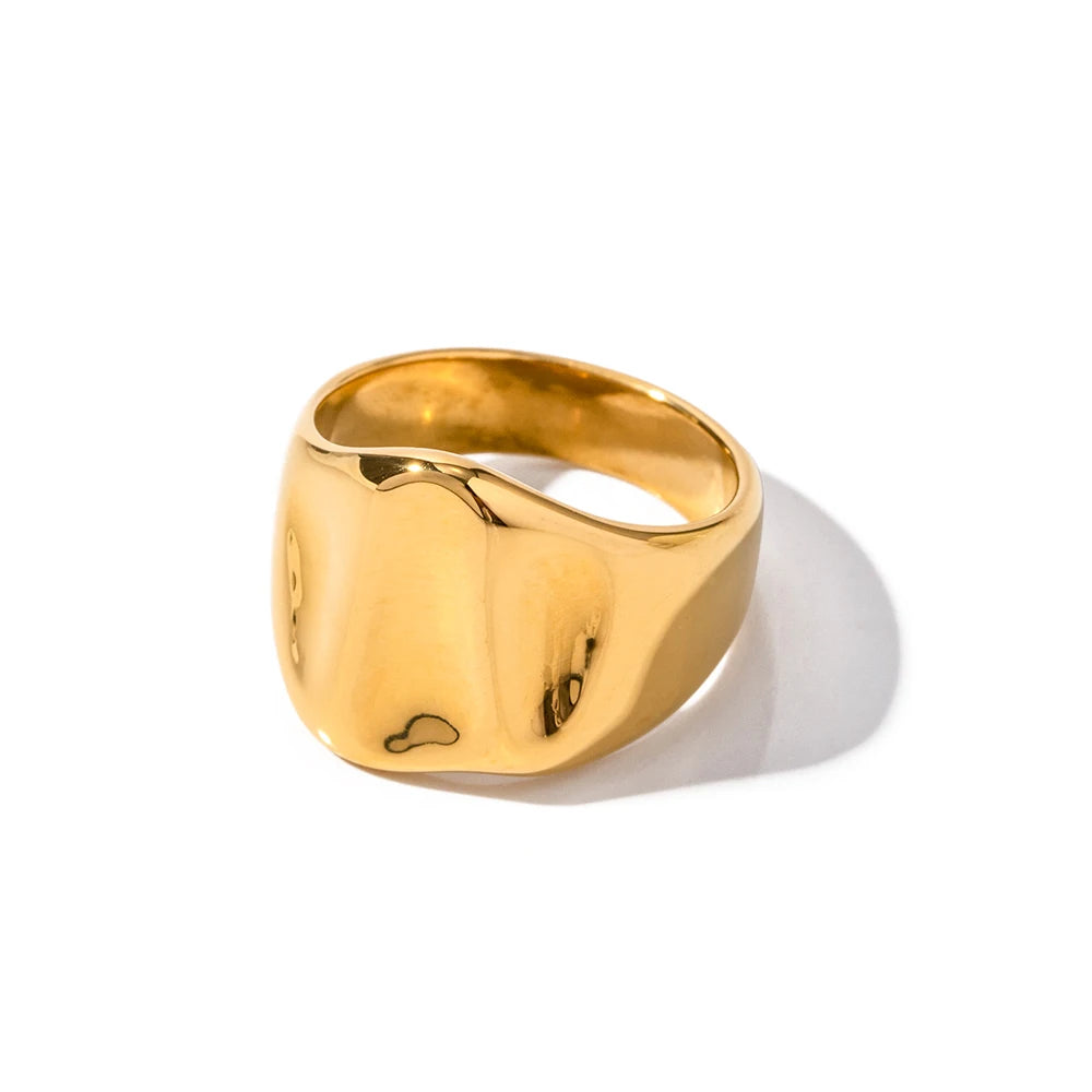 Waterproof Chunky 18K Gold Plated High Polish Stainless Steel Hammer Wide Finger Ring for Women Gift
