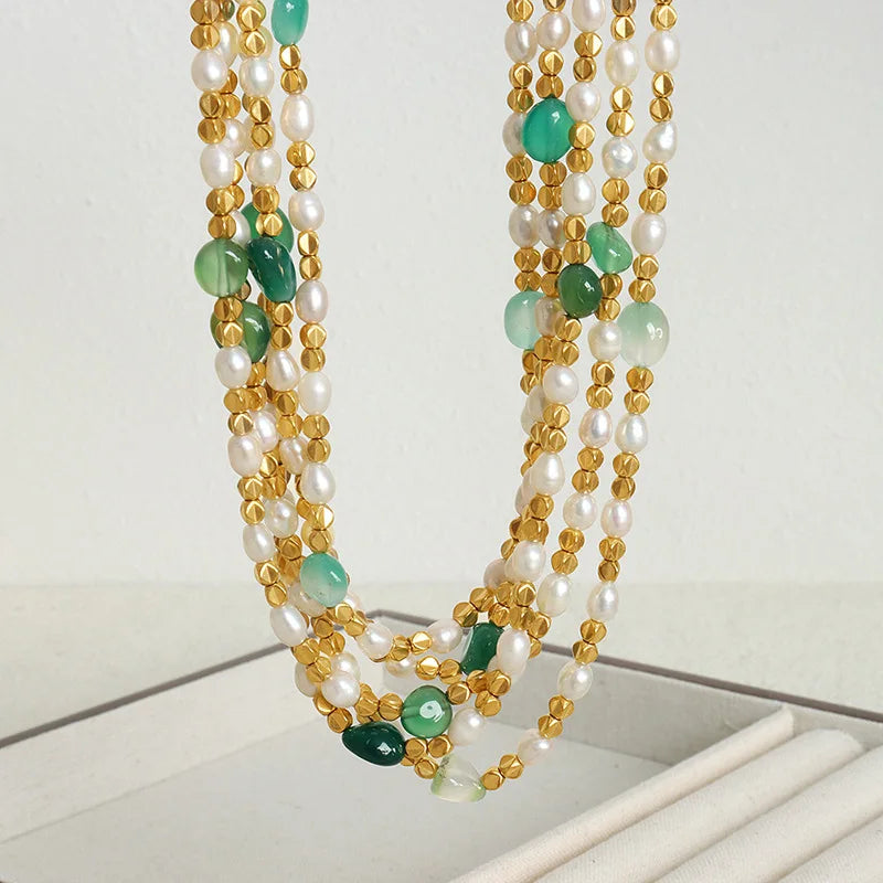 French Ins Style Freshwater Pearl Green Natural Stone Steel Beaded Necklace 18k Gold Plated Stainless Steel Necklace